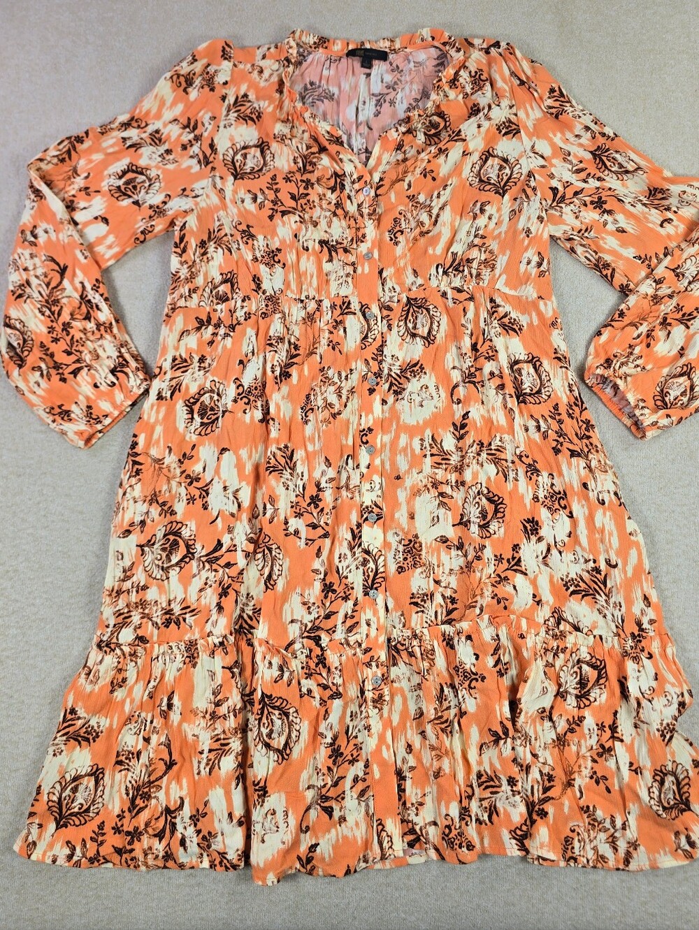 Frye Womens Large Orange Floral Button Front Long Sleeve Midi Dress Rayon